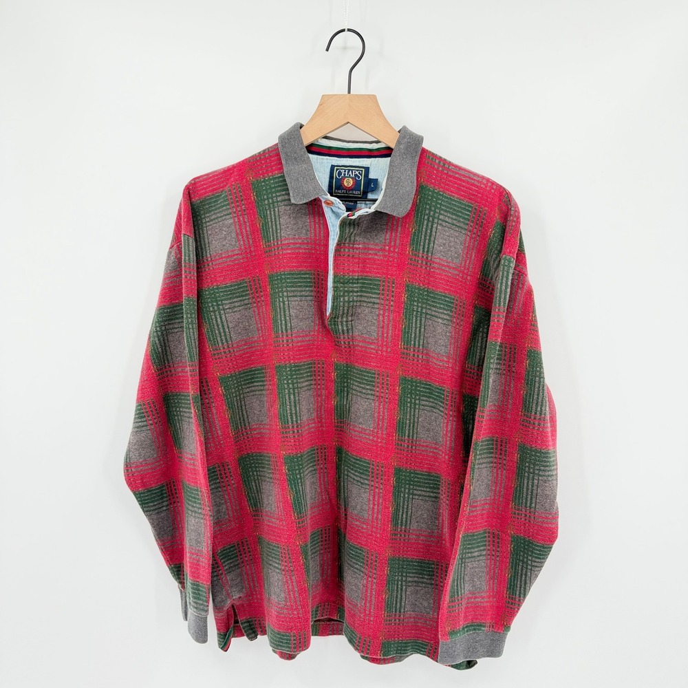 Chaps Ralph Lauren Vintage 90s Long Sleeve Rugby Shirt Mens L Plaid Preppy